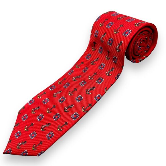 Augustian Mens Red Silk Necktie Nautical Pattern Italian Rare Designer 55 inch‎ - Picture 1 of 10